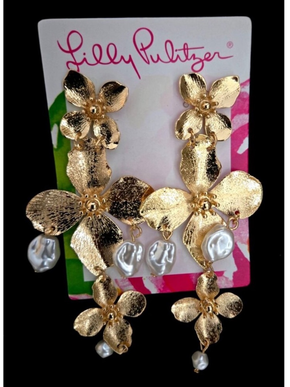 Lilly Pulitzer Gold Flora Drop Earrings with Pearl Dangles NWT new!